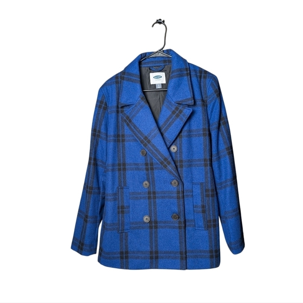 Old Navy Blue Black Plaid Double-Breasted Women's Coat Size Large Like New